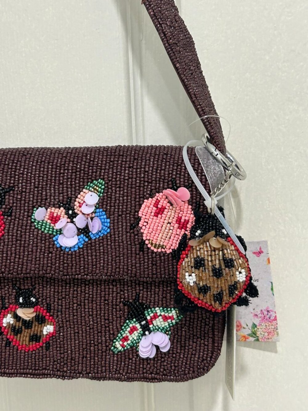 Ladybug Butterfly Beaded Sequin Handbag w Keychain Charm Made in India NWT - Picture 2 of 5